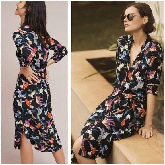 Maeve By Anthropologie Martina Bird Button Shirt Midi Dress.  SZ 0 - Picture 1 of 4